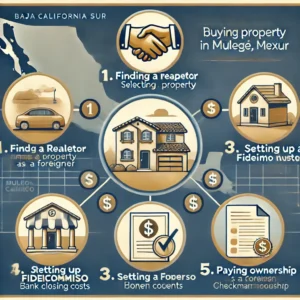 A clean and modern infographic illustrating the step-by-step process of buying property in Mulegé, Mexico, as a foreigner, with icons representing each step.