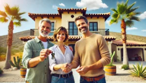 A smiling middle-aged American or Canadian couple standing in front of their newly purchased Baja-style villa in Mulegé, Mexico, holding house keys and shaking hands with a real estate agent.