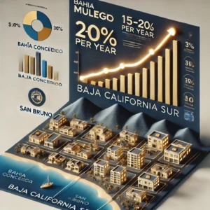 A professional infographic displaying real estate market trends in Mulegé, Baja California Sur, with a rising line chart, investment hotspots, and rental income growth indicators.