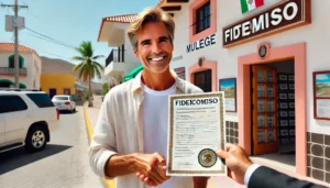 A middle-aged foreign real estate buyer holding an official Mexican fideicomiso document outside a notary office in Mulegé, Mexico, shaking hands with a real estate agent.