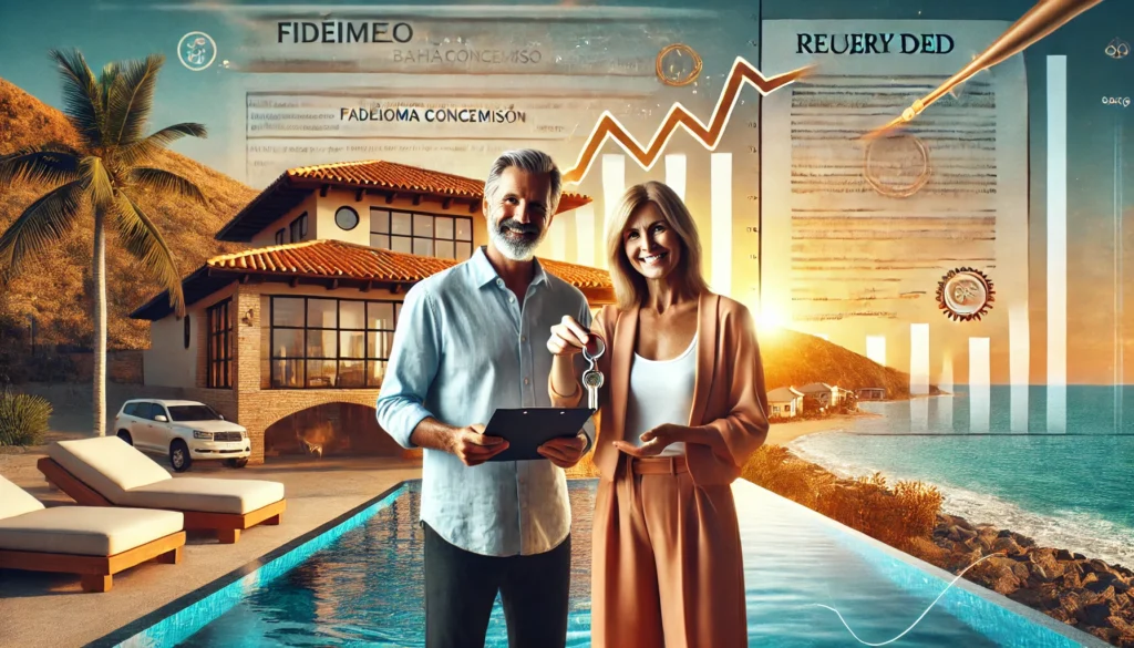 A happy foreign couple holding house keys in front of their newly purchased beachfront villa in Mulegé, Mexico, alongside a real estate agent. The image features an infinity pool, palm trees, and a golden sunset, symbolizing real estate investment opportunities in Baja California Sur.