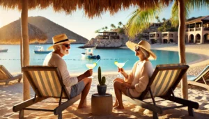 A retired couple enjoying a relaxing afternoon on a pristine beach in Mulegé, Baja California Sur, Mexico. They sit under a palapa, gazing at the turquoise waters of Bahía Concepción, embracing the peaceful beachfront lifestyle.