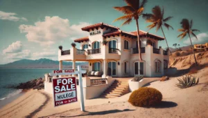 A beautiful beachfront home in Mulegé, Baja California Sur, Mexico, with ocean views, palm trees, and a spacious terrace. A ‘For Sale’ sign is placed in the sand, showcasing a prime real estate opportunity for retirees.