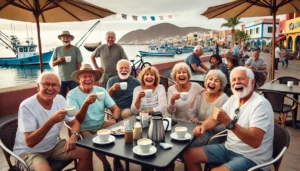 A lively group of expats enjoying coffee at an outdoor café in La Paz, Baja California Sur, Mexico. The oceanfront Malecón is visible in the background, with locals biking along the waterfront and fishing boats docked nearby.