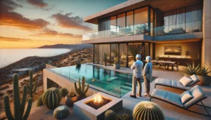 A modern luxury villa in Todos Santos, Baja California Sur, featuring an infinity pool, large glass windows with stunning ocean views, and an outdoor dining area with a fire pit. A retired couple stands on the balcony, enjoying the Pacific sunset.