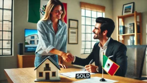 A foreign buyer finalizing the purchase of a beachfront home in Mulegé, Mexico, at a local notary office.