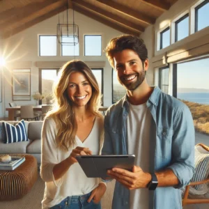 "Happy home buyers celebrating their new luxury beachfront house purchase in Mulegé, Mexico. Smiling couple holding real estate contract and house keys in front of modern villa with ocean view. Best real estate deals, homes for sale, and investment properties in Baja California Sur."