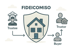A graphic illustrating the Fideicomiso concept – perhaps a house with a transparent bank shield around it, or a flowchart with clear icons representing the key players. Alternatively, a scenic image of Baja California Sur with a subtle watermark of legal documents.