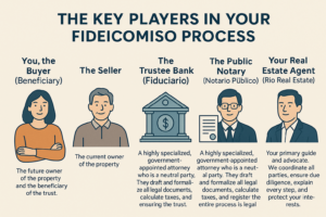 The Key Players in Your Fideicomiso Process: Understanding who does what simplifies the process: You, the Buyer (Beneficiary): The future owner of the property and the beneficiary of the trust. The Seller: The current owner of the property. The Trustee Bank (Fiduciario): The Mexican bank that holds the legal title to the property in the Fideicomiso and administers the trust. The Public Notary (Notario Público): A highly specialized, government-appointed attorney who is a neutral party. They draft and formalize all legal documents, calculate taxes, and register the deed, ensuring the entire process is legal and secure. They are essential for all real estate transactions in Mexico. Your Real Estate Agent (Rio Real Estate): Your primary guide and advocate. We coordinate all parties, ensure due diligence, explain every step, and protect your interests.